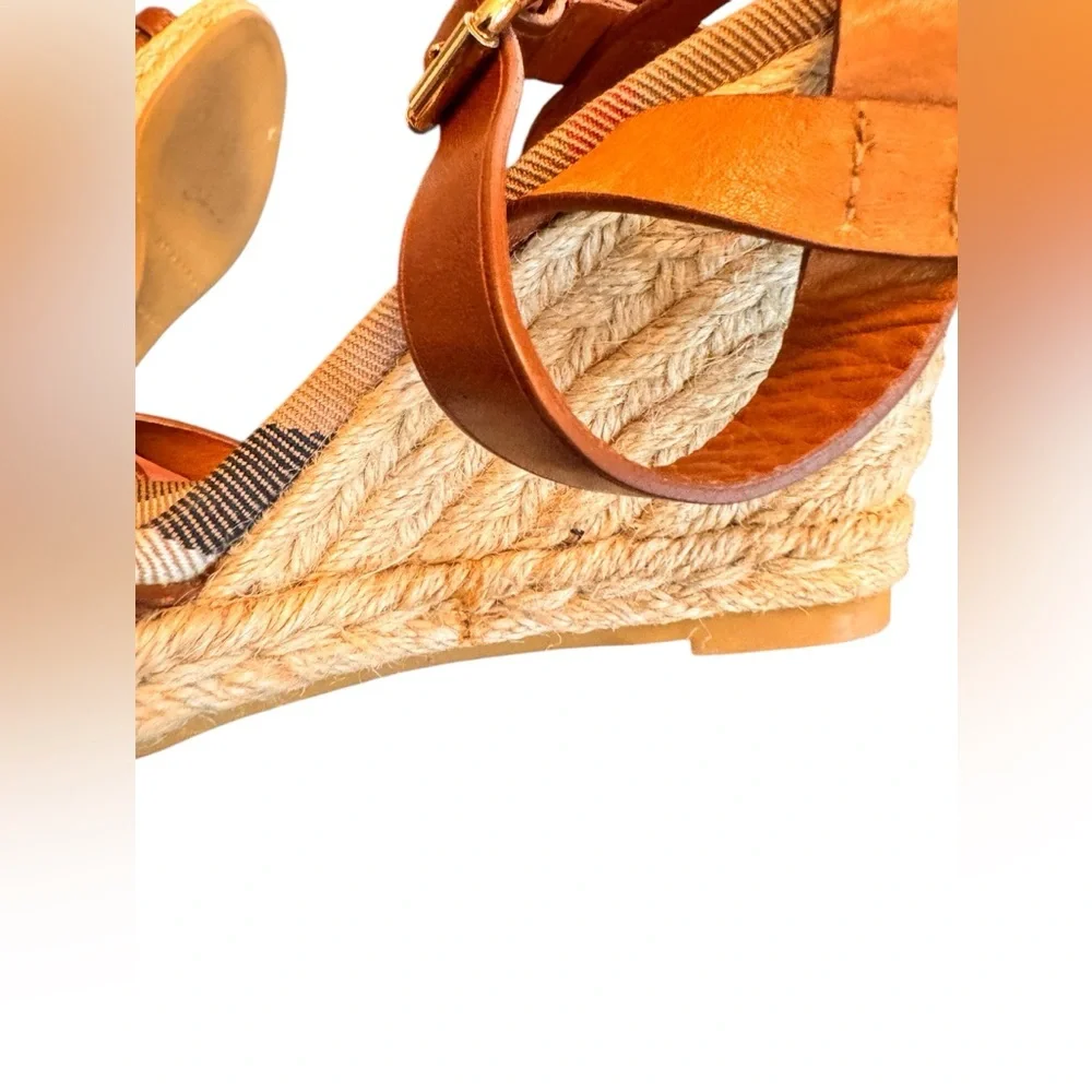 Burberry Tan Leather Check Canvas Espadrille Wedge Sandals Italy Size 35 in GUC